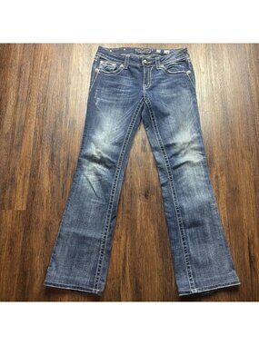 Miss Me Jeans Boot Jeans Distressed Dark Wash Rhinestone Fleur De Lis Size 29